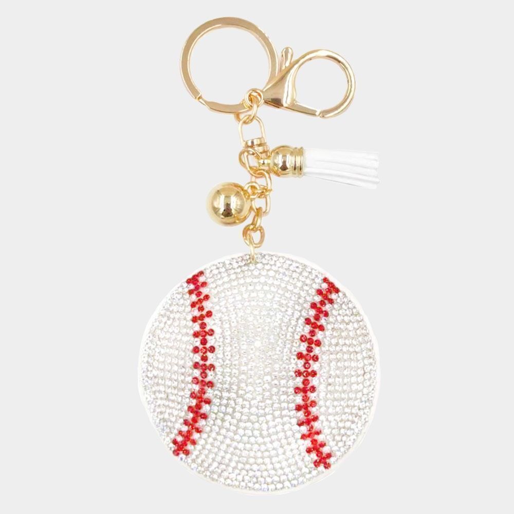 New Womens Boutique Bling Baseball Mom Softball Tassel Keychain w Gold Hardware